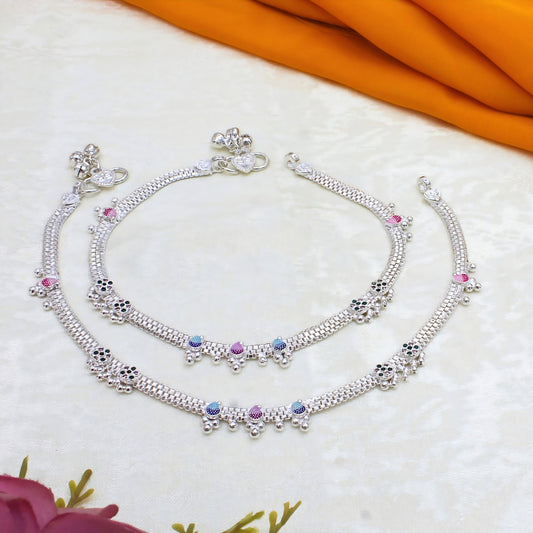 Real Silver Blue Pink  CZ Women Anklet - Meenakari Silver Payal