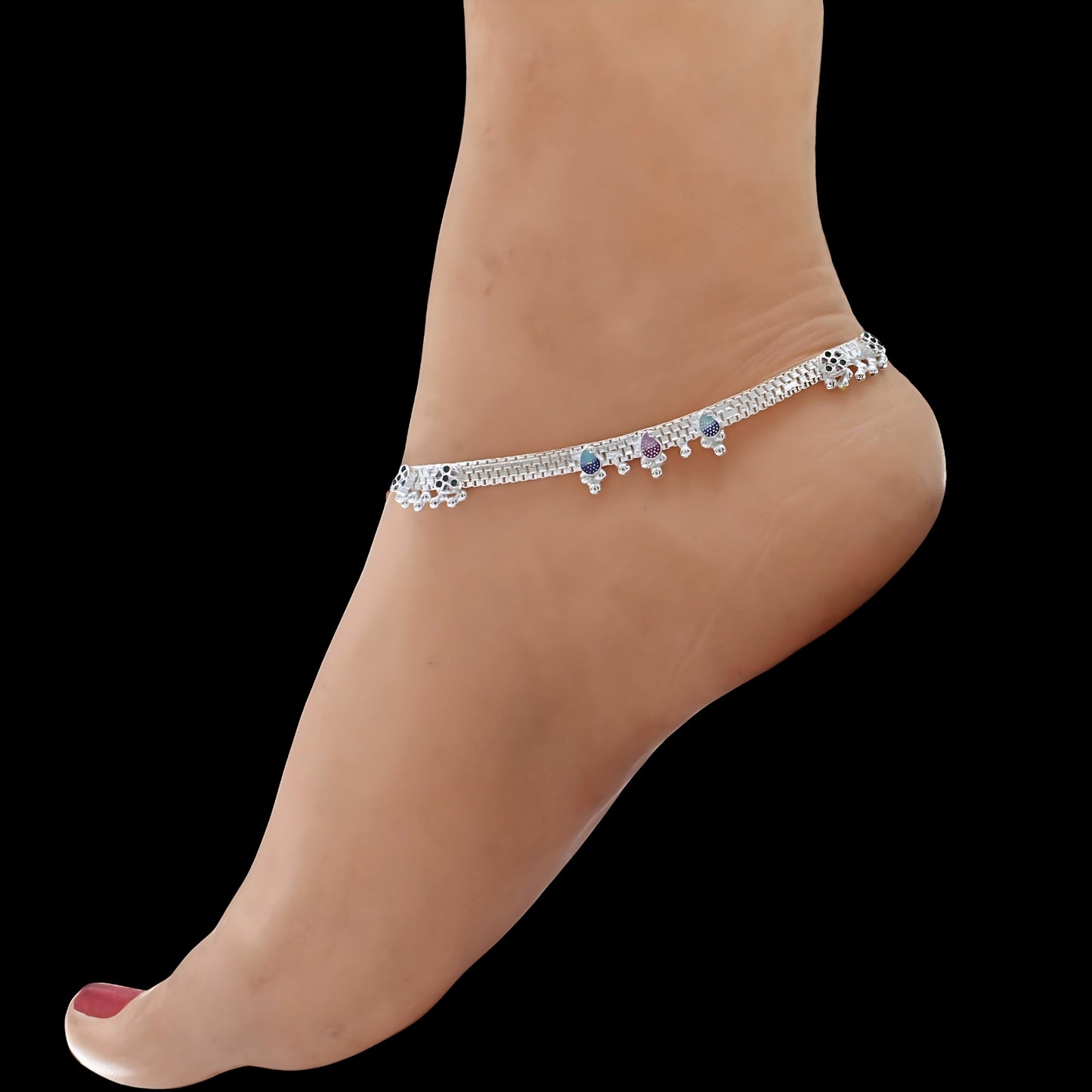 Real Silver Blue Pink  CZ Women Anklet - Meenakari Silver Payal