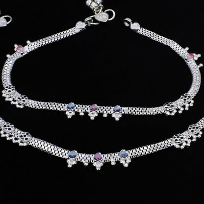 Real Silver Blue Pink  CZ Women Anklet - Meenakari Silver Payal