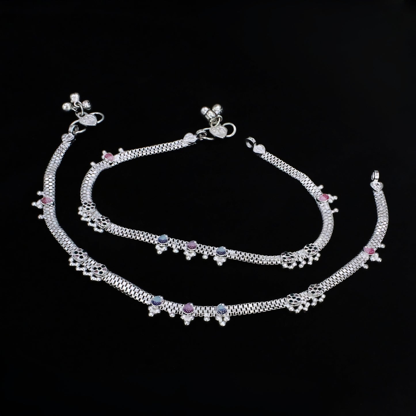 Real Silver Blue Pink  CZ Women Anklet - Meenakari Silver Payal