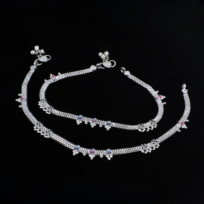 Real Silver Blue Pink  CZ Women Anklet - Meenakari Silver Payal