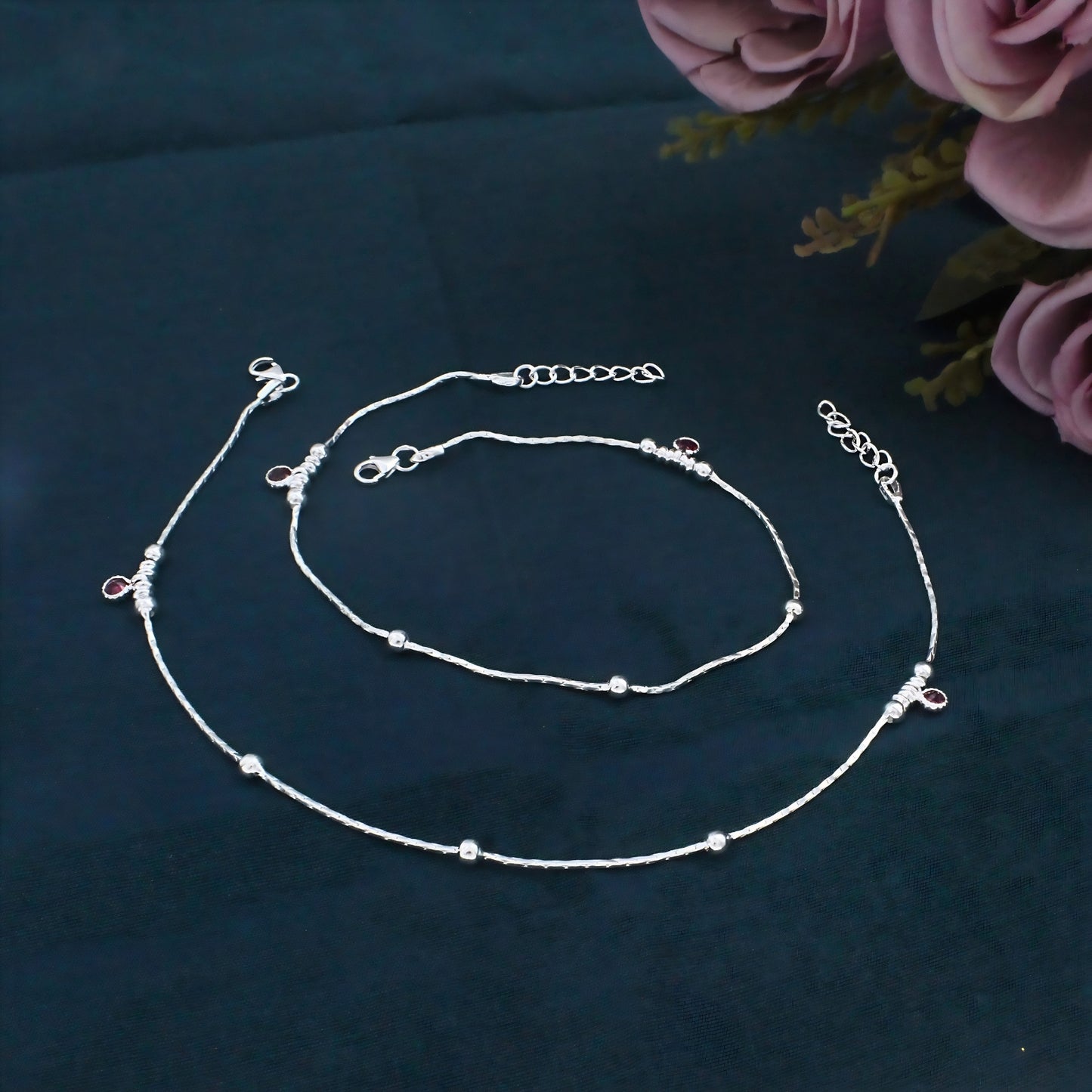 Real Silver Silver Ball Design Payal Anklet - Pair