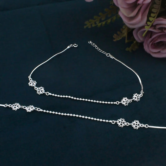 Real Silver Filigree Flower and Ball Chain Payal Anklet for Women