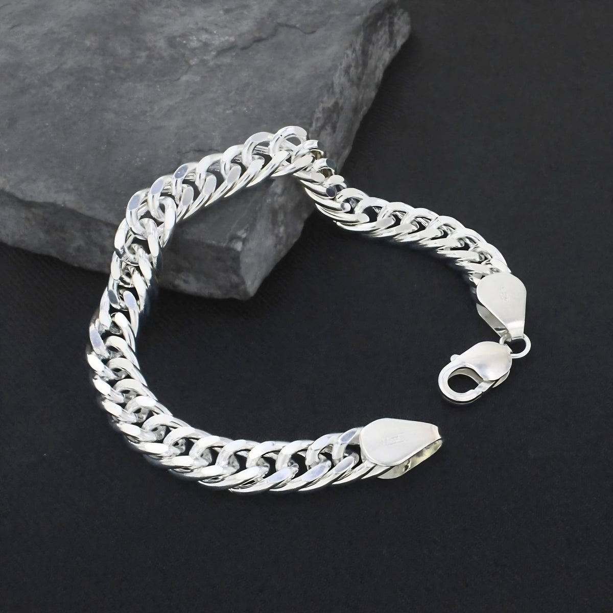 925 Sterling Silver Tightly Interlocking Beveled Flat Chain Bracelet for Men