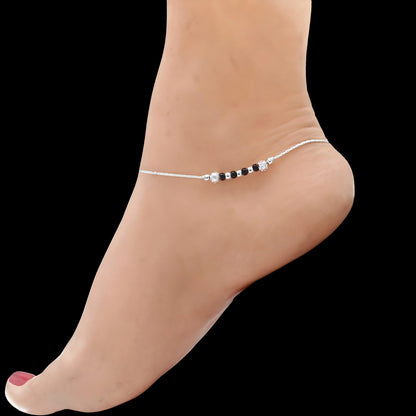 Classic Design Real Sterling Silver Black Bead Payal Anklet 10"
