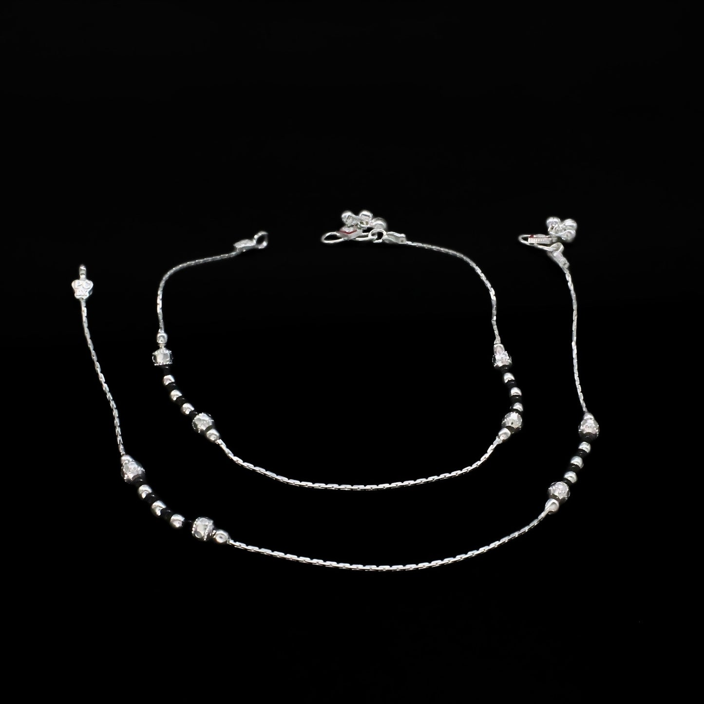 Classic Design Real Sterling Silver Black Bead Payal Anklet 10"