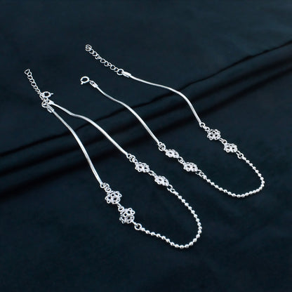 Real Silver Filigree Flower and Ball Chain Payal Anklet for Women