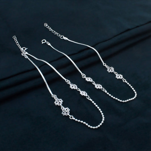 Real Silver Filigree Flower and Ball Chain Payal Anklet for Women