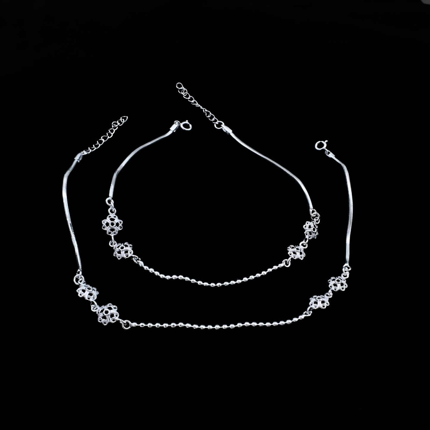 Real Silver Filigree Flower and Ball Chain Payal Anklet for Women
