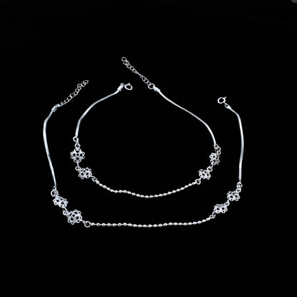 Real Silver Filigree Flower and Ball Chain Payal Anklet for Women