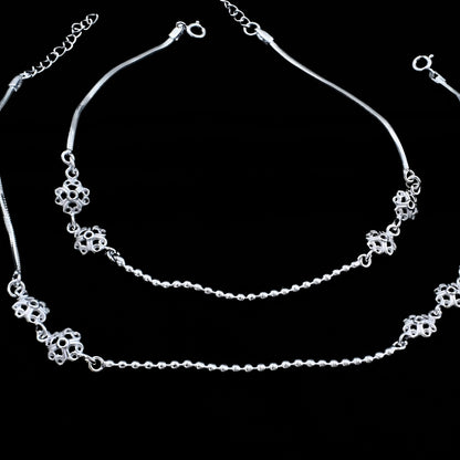 Real Silver Filigree Flower and Ball Chain Payal Anklet for Women