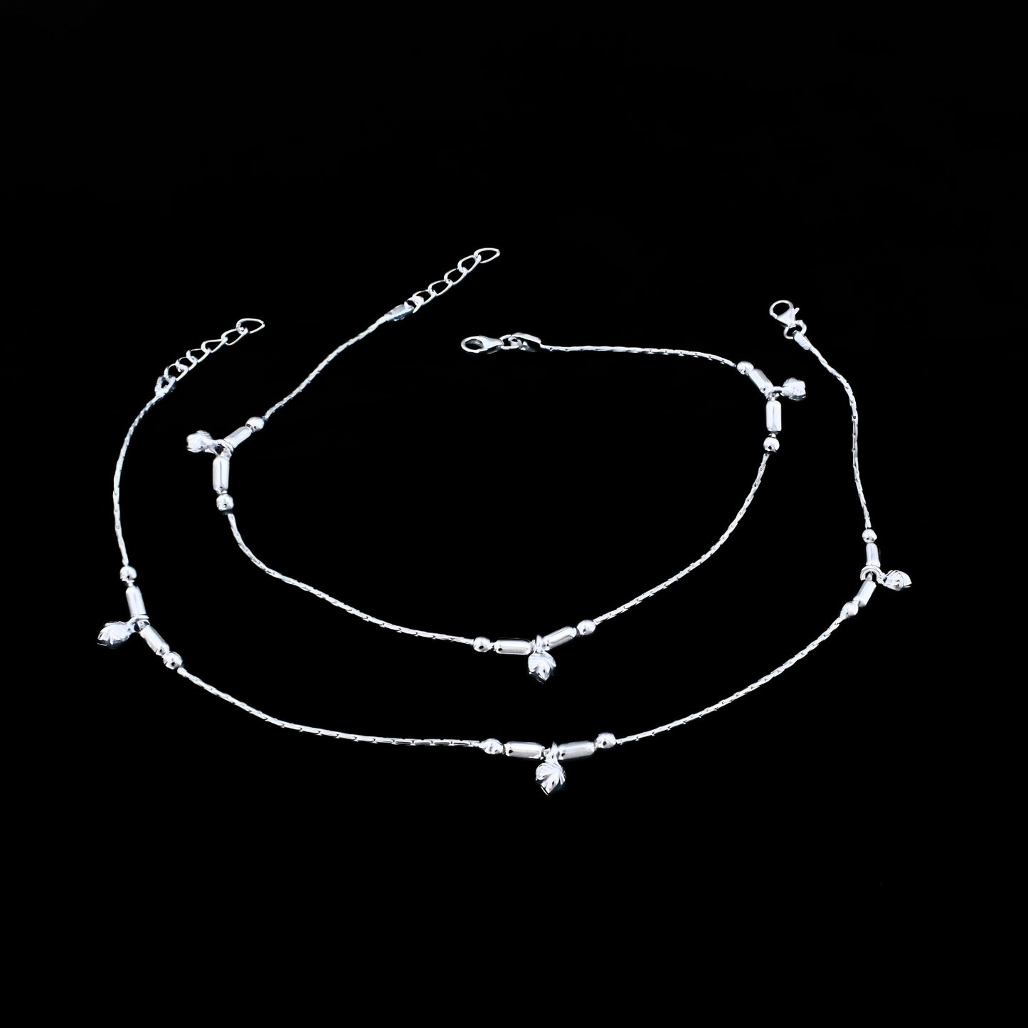 Real Silver Leaf Charm Beaded Stylish Payal Anklet - Pair