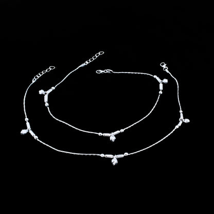 Real Silver Leaf Charm Beaded Stylish Payal Anklet - Pair
