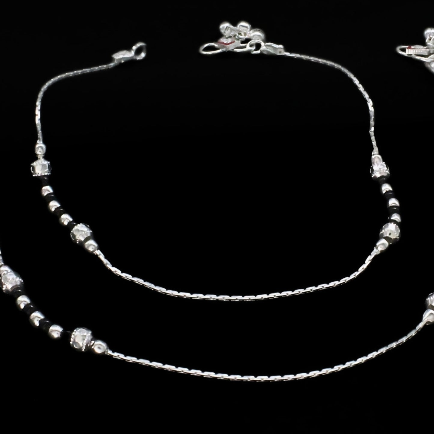 Classic Design Real Sterling Silver Black Bead Payal Anklet 10"