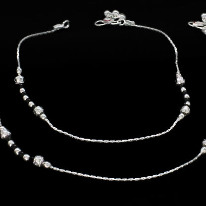 Classic Design Real Sterling Silver Black Bead Payal Anklet 10"