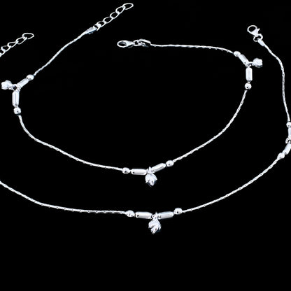 Real Silver Leaf Charm Beaded Stylish Payal Anklet - Pair