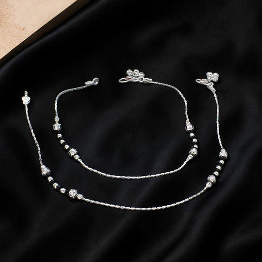 Classic Design Real Sterling Silver Black Bead Payal Anklet 10"