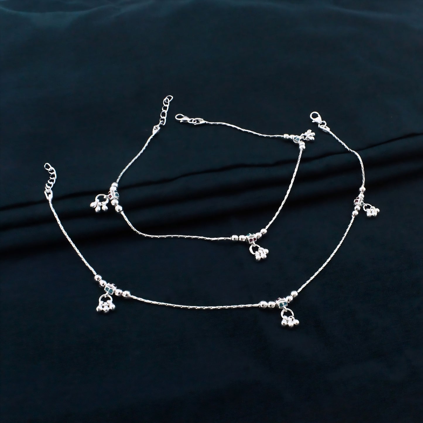 Real Silver Chain Anklet with Jingle Bells Charms Payal