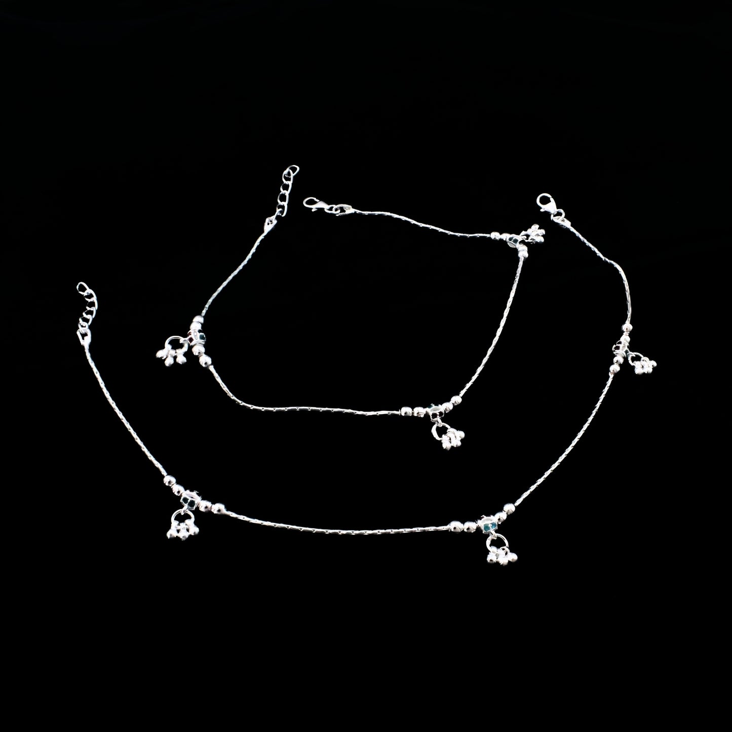 Real Silver Chain Anklet with Jingle Bells Charms Payal