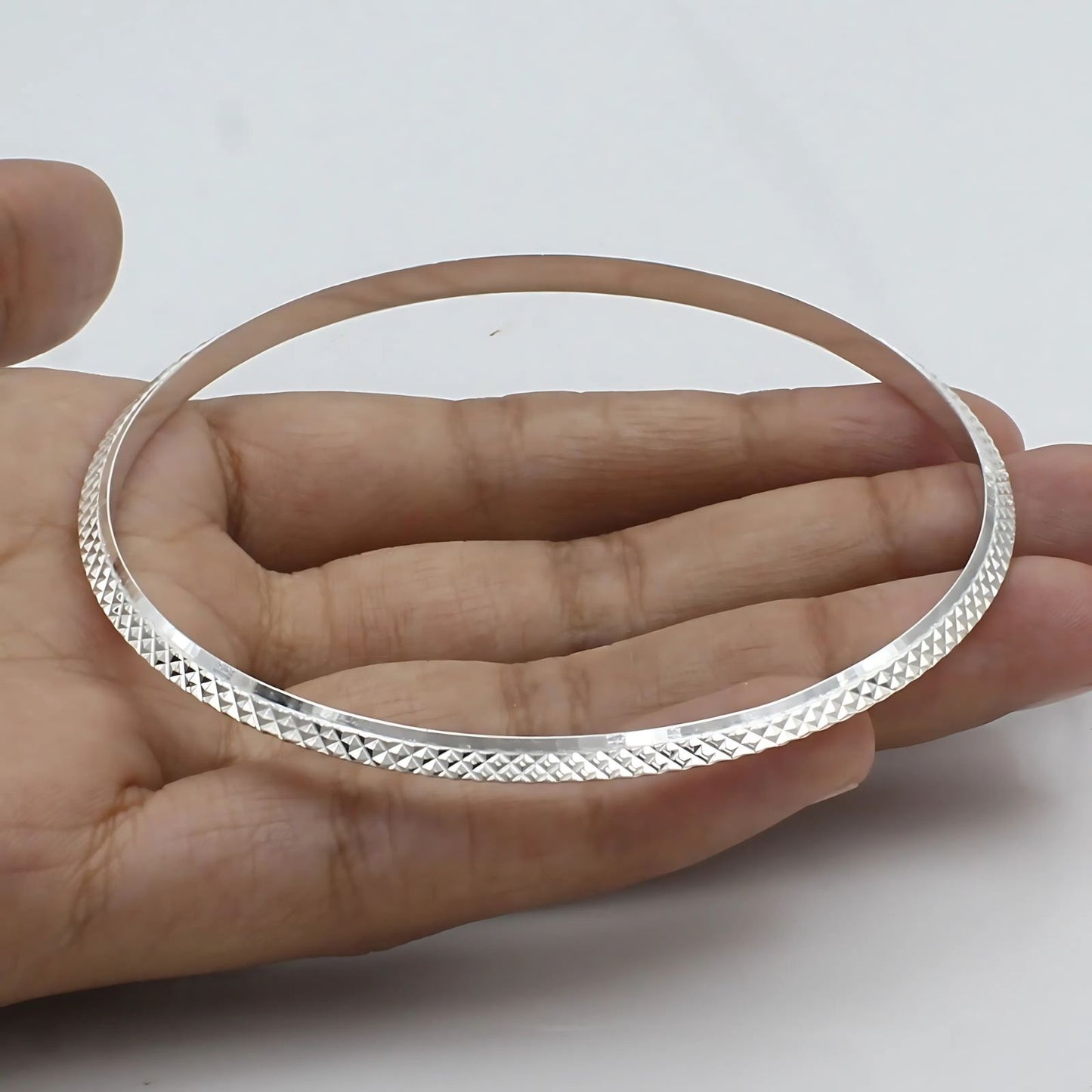 925 Real Silver V Shape Dotted Design Men's divine Bangle Bracelet - 6.8 CM