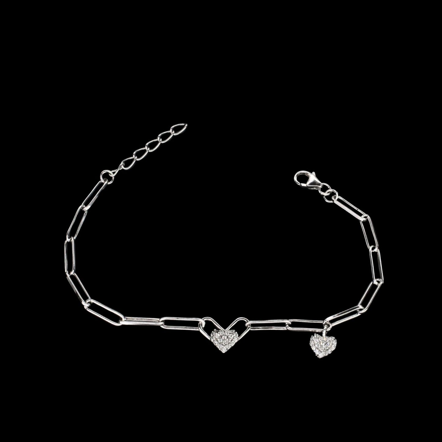 925 Sterling Silver White CZ Heart charms Paperclip chain Bracelet for Girls
