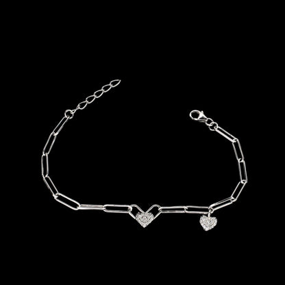925 Sterling Silver White CZ Heart charms Paperclip chain Bracelet for Girls