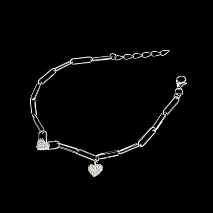 925 Sterling Silver White CZ Heart charms Paperclip chain Bracelet for Girls
