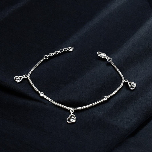 925 Sterling Silver dangle three heart charms box chain Bracelet for Girls