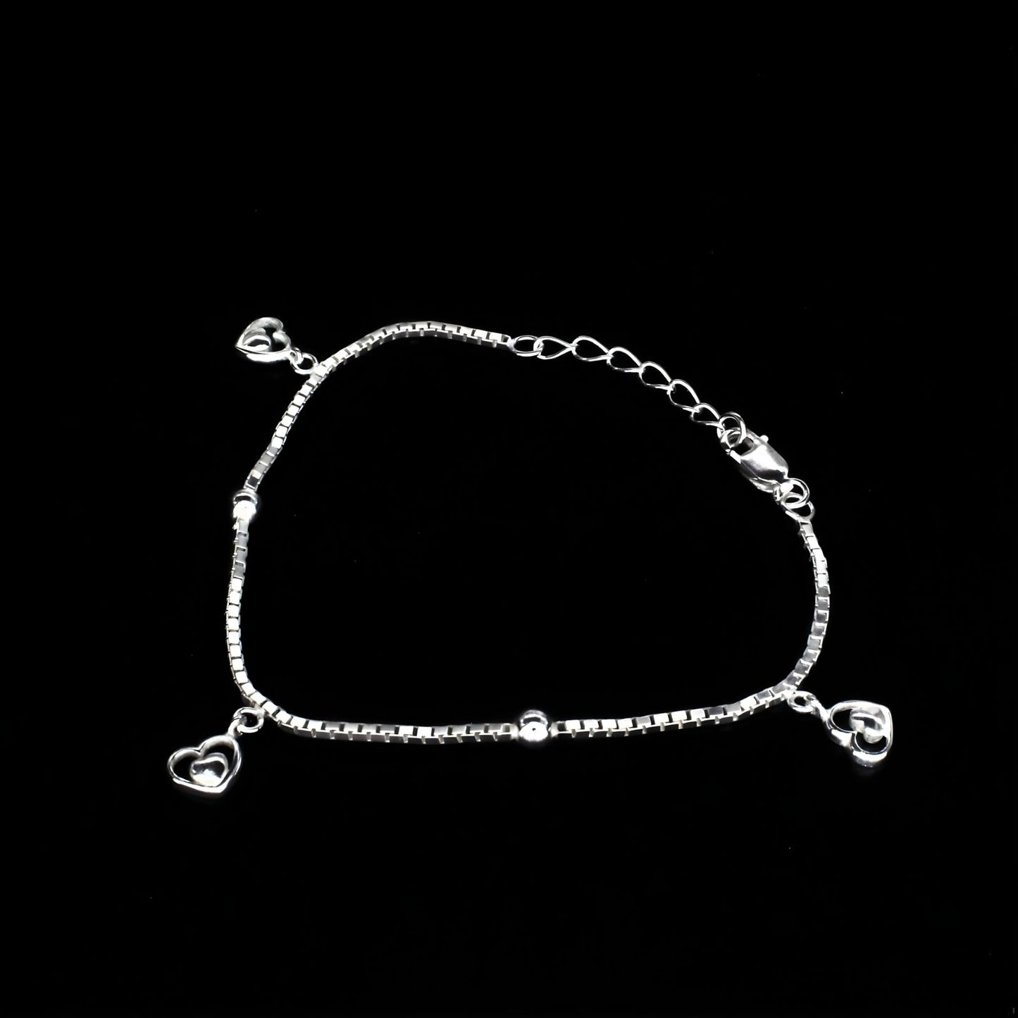 925 Sterling Silver dangle three heart charms box chain Bracelet for Girls