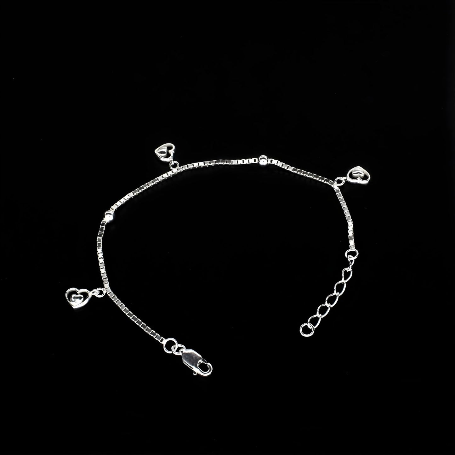 925 Sterling Silver dangle three heart charms box chain Bracelet for Girls