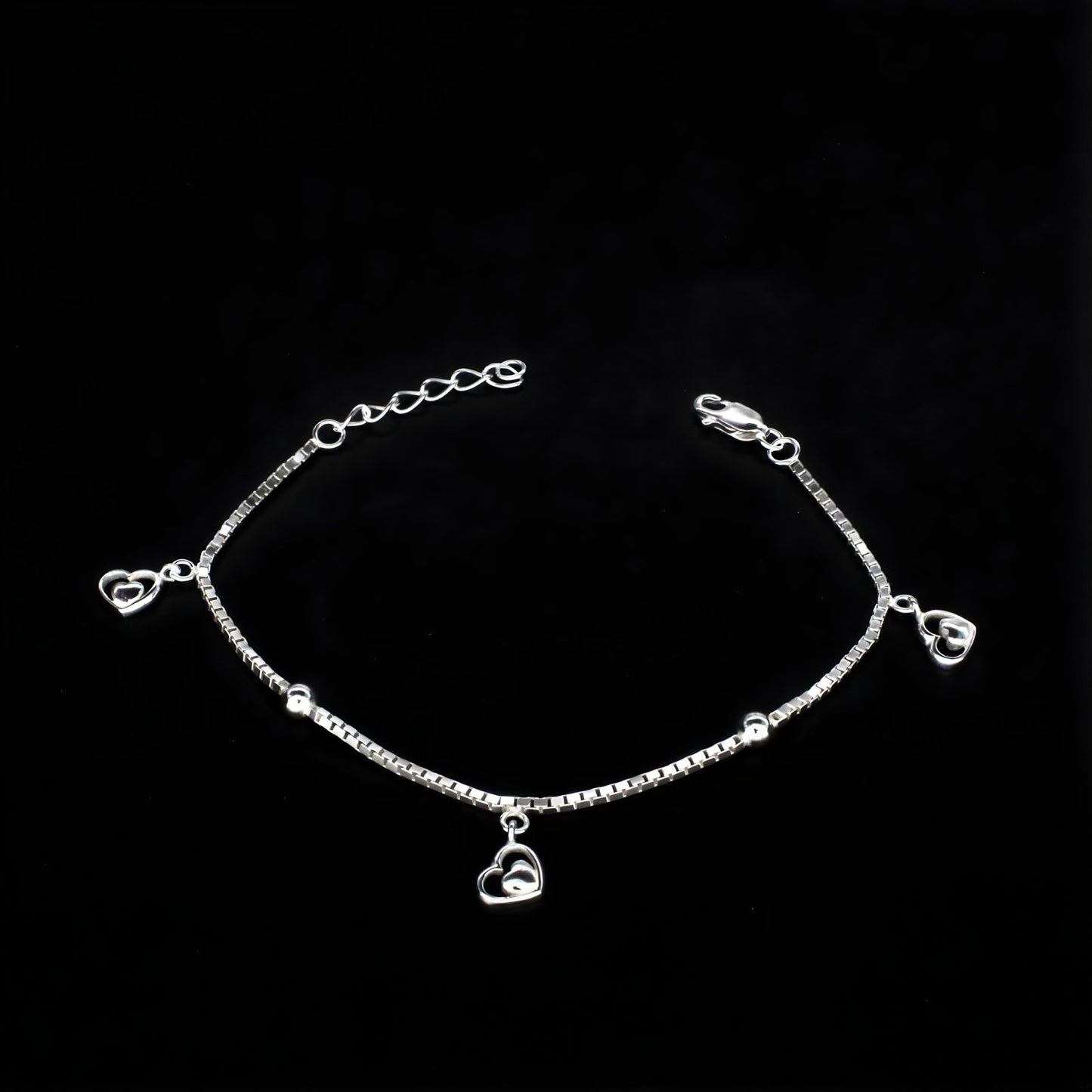 925 Sterling Silver dangle three heart charms box chain Bracelet for Girls