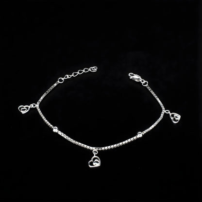 925 Sterling Silver dangle three heart charms box chain Bracelet for Girls