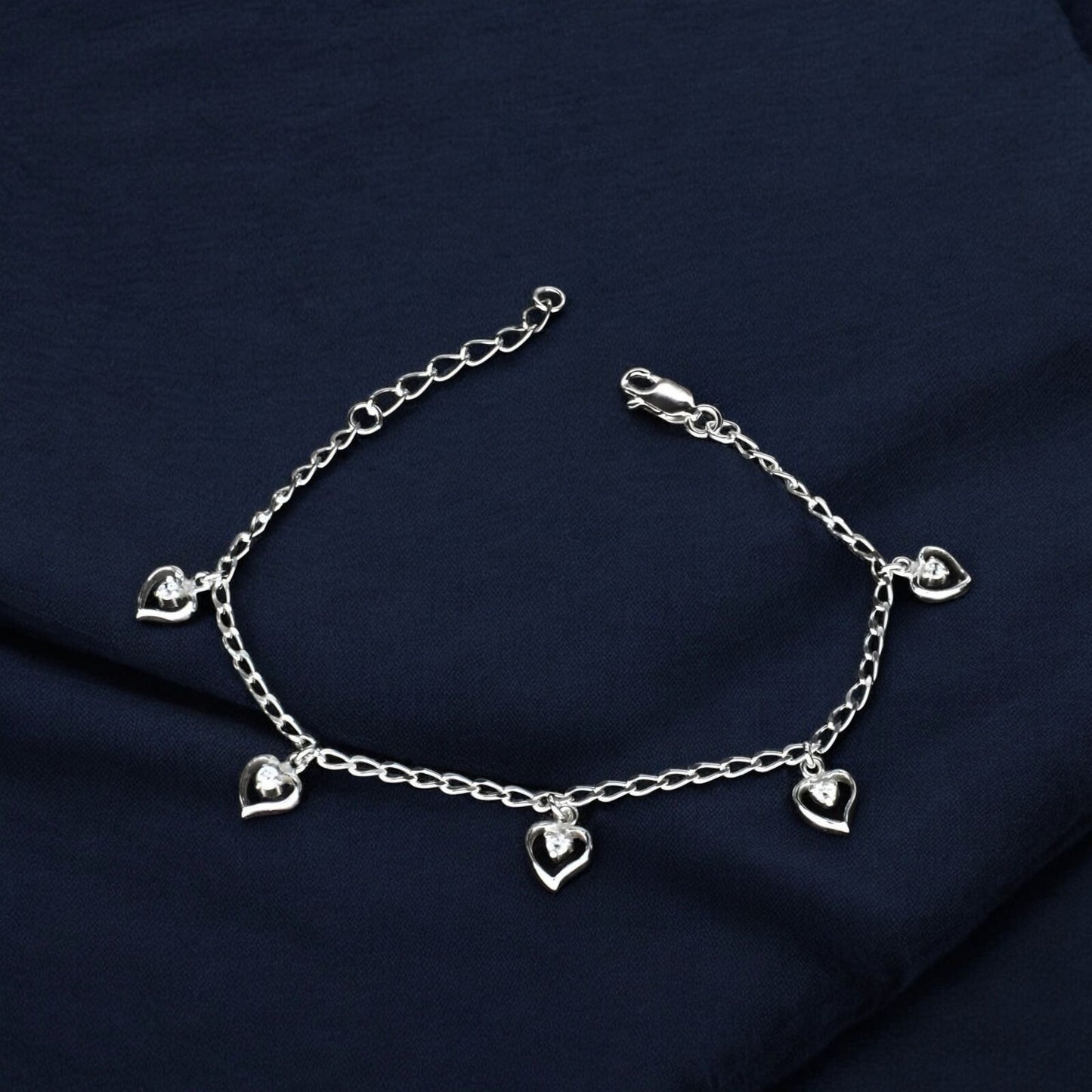 Divine 925 Sterling Silver White CZ five heart charms curb chain Bracelet for Girls