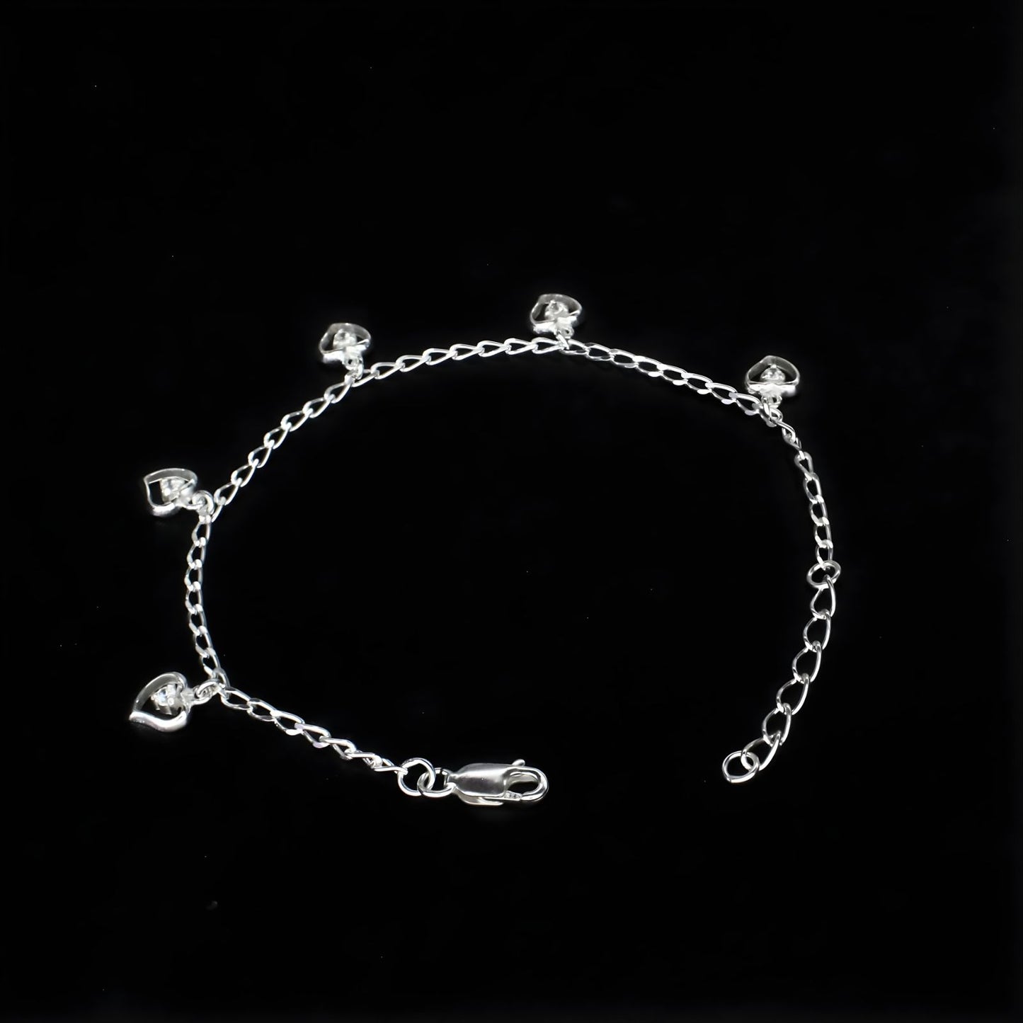 Divine 925 Sterling Silver White CZ five heart charms curb chain Bracelet for Girls
