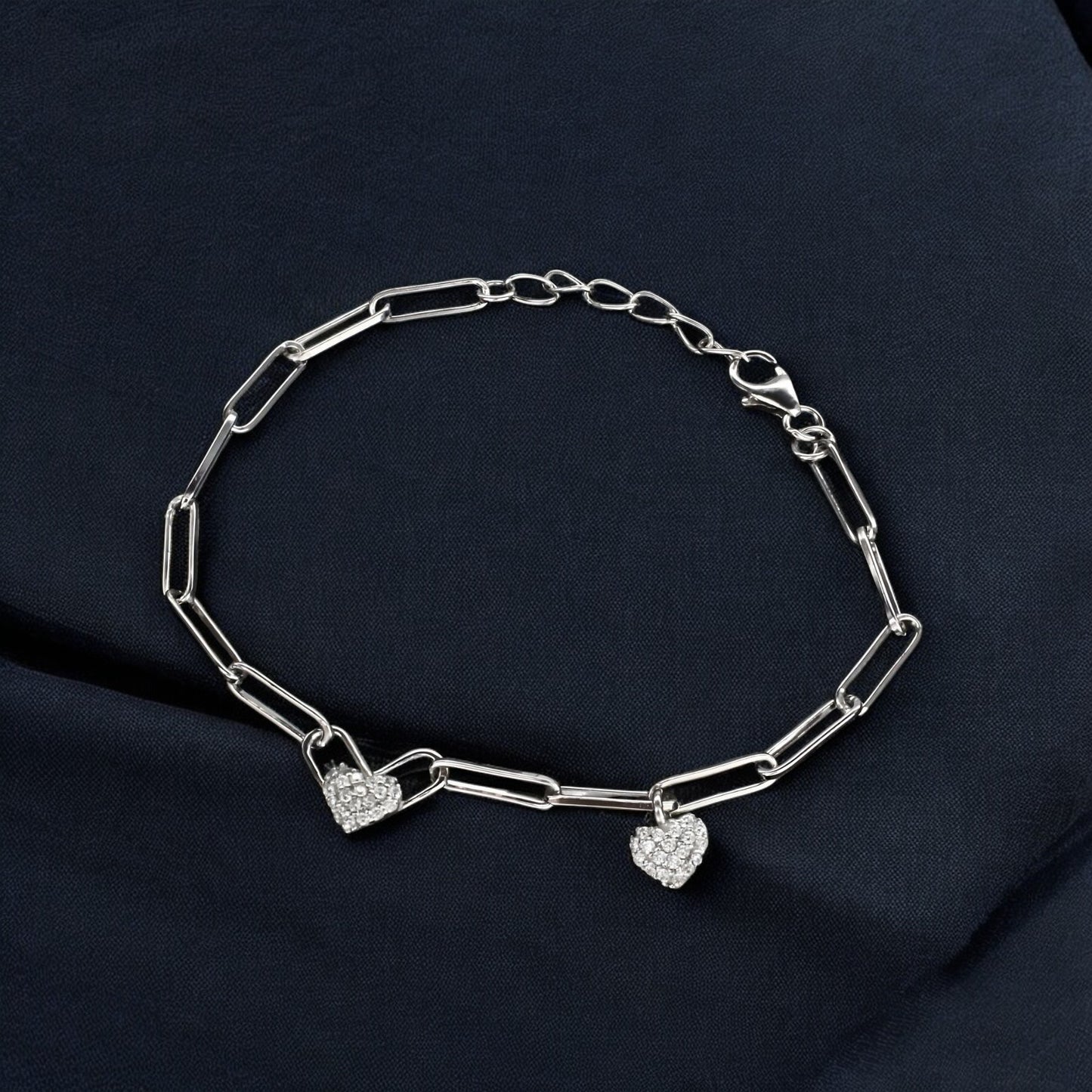 925 Sterling Silver White CZ Heart charms Paperclip chain Bracelet for Girls