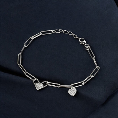 925 Sterling Silver White CZ Heart charms Paperclip chain Bracelet for Girls