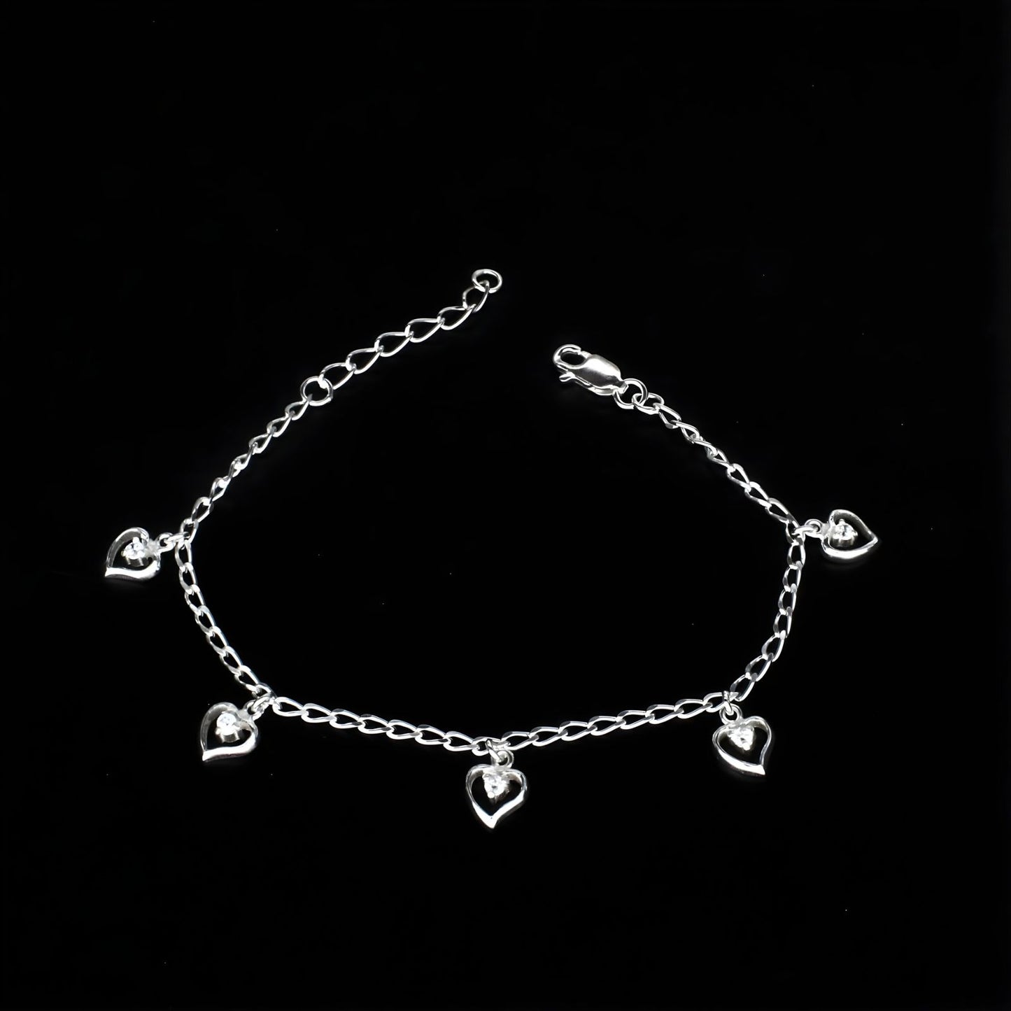 Divine 925 Sterling Silver White CZ five heart charms curb chain Bracelet for Girls