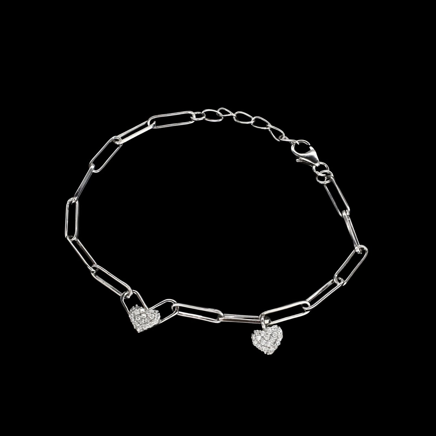925 Sterling Silver White CZ Heart charms Paperclip chain Bracelet for Girls