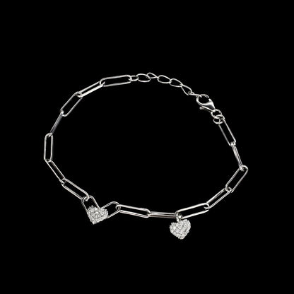 925 Sterling Silver White CZ Heart charms Paperclip chain Bracelet for Girls