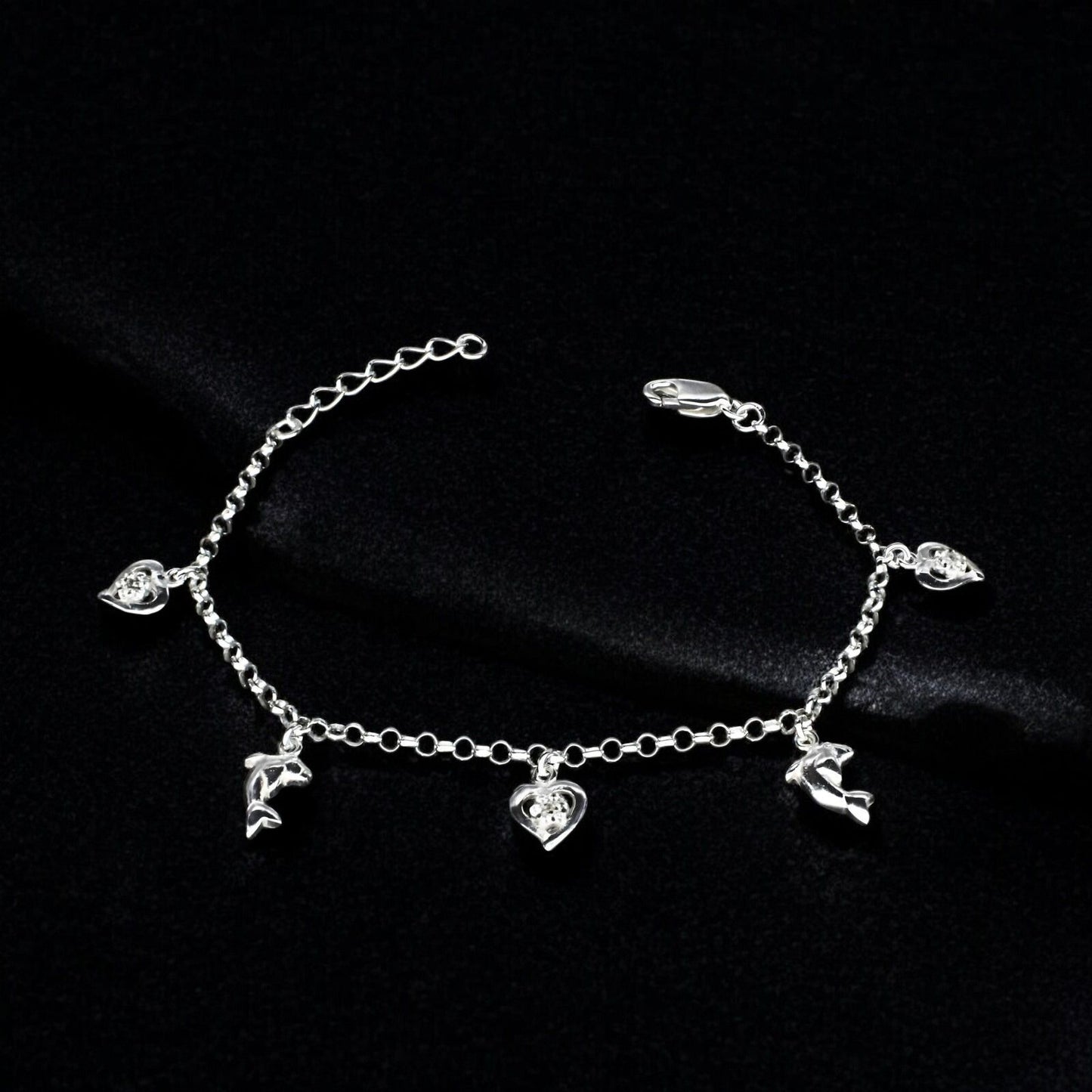 925 Sterling Silver White CZ Dolphin three heart charms Bracelet for Girls