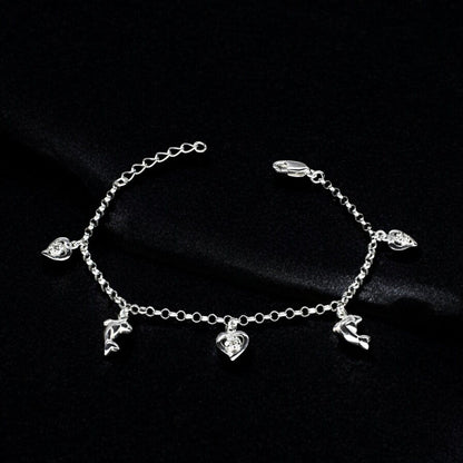 925 Sterling Silver White CZ Dolphin three heart charms Bracelet for Girls