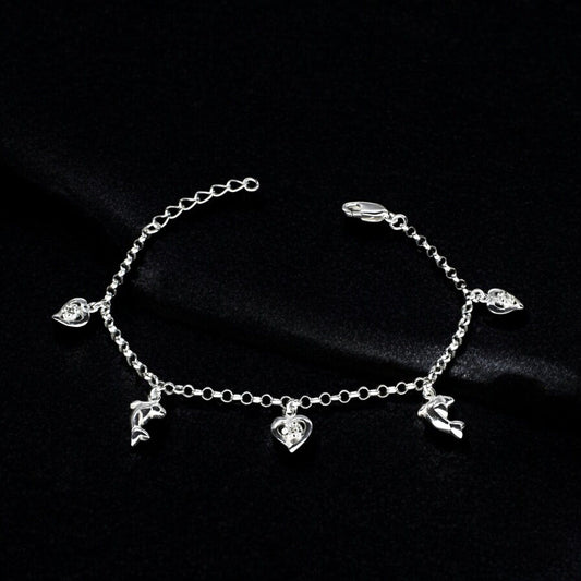 925 Sterling Silver White CZ Dolphin three heart charms Bracelet for Girls