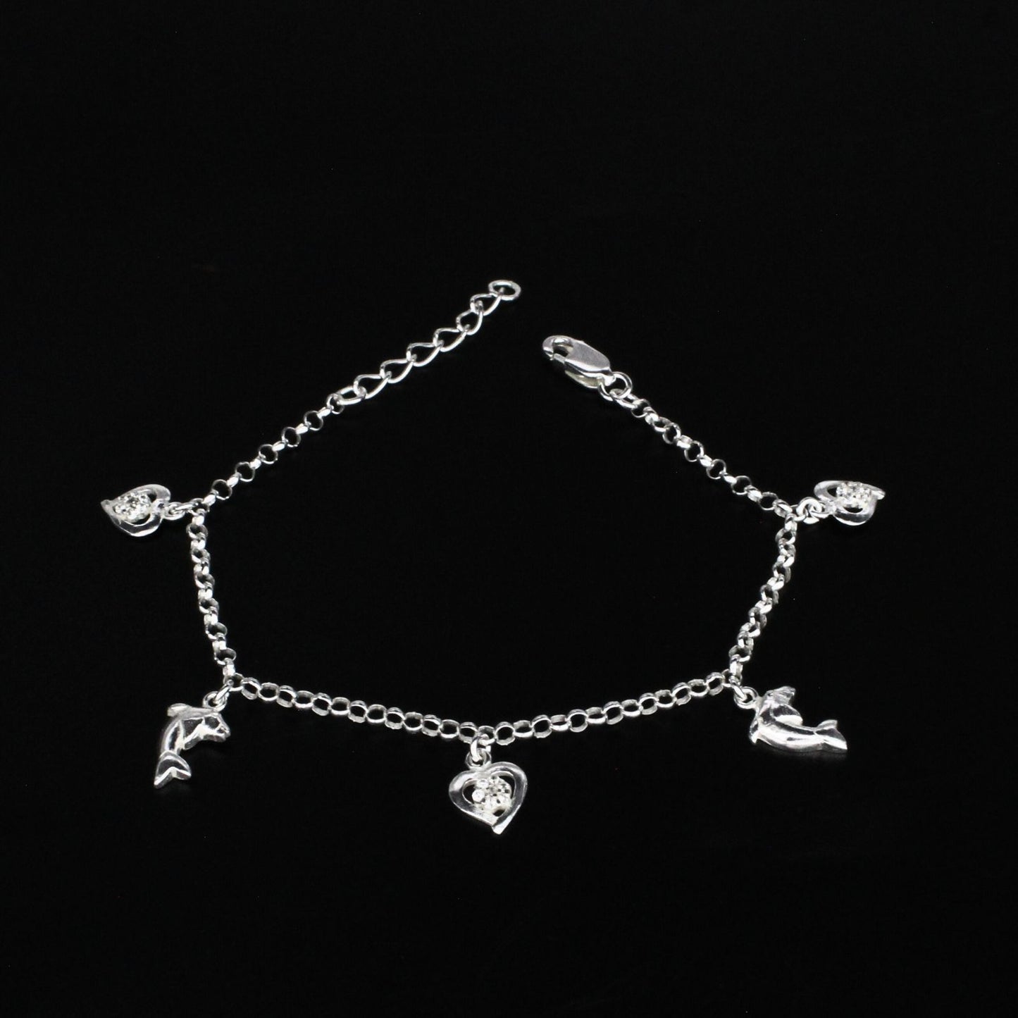 925 Sterling Silver White CZ Dolphin three heart charms Bracelet for Girls