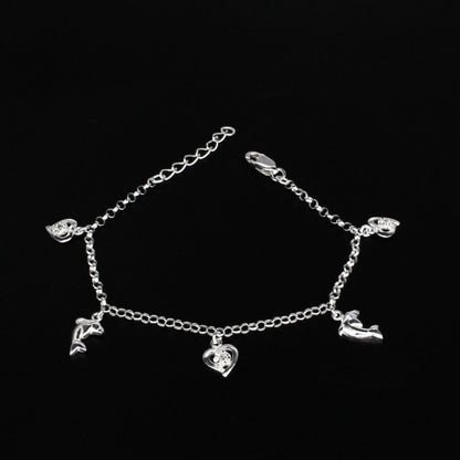 925 Sterling Silver White CZ Dolphin three heart charms Bracelet for Girls