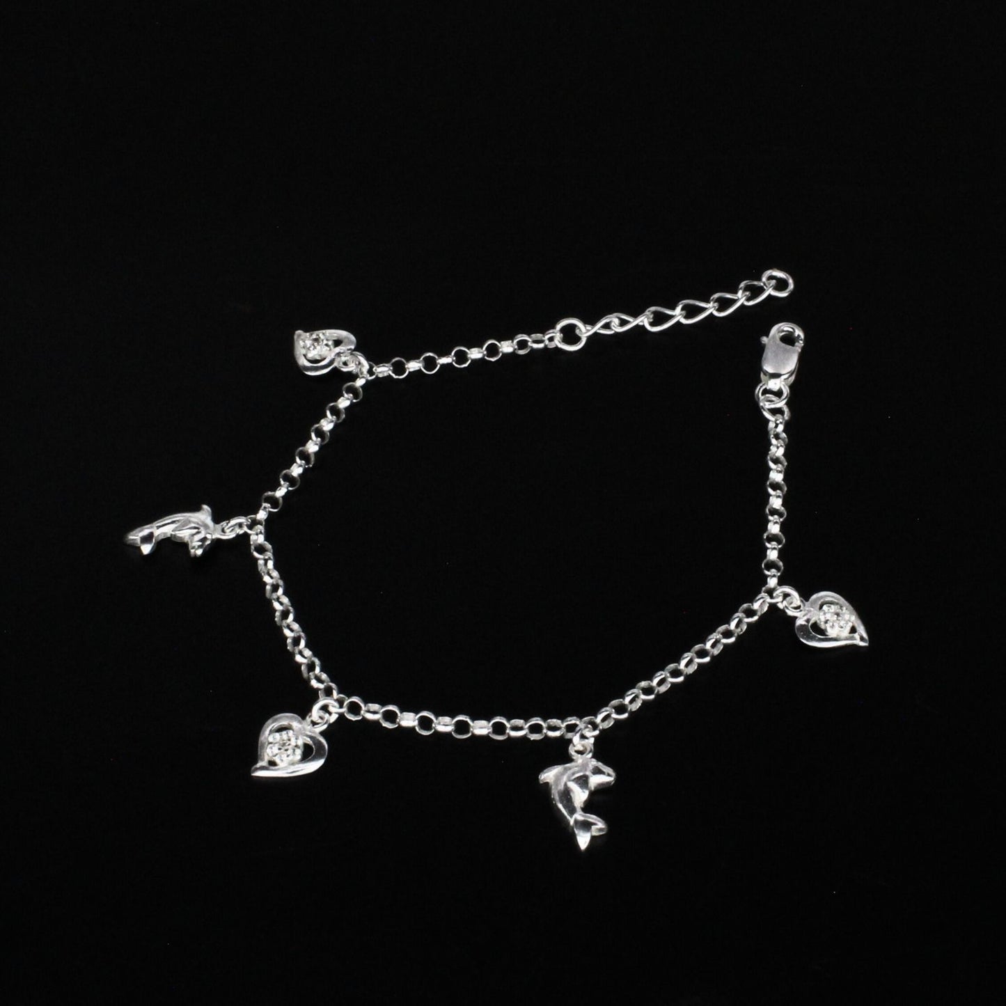 925 Sterling Silver White CZ Dolphin three heart charms Bracelet for Girls
