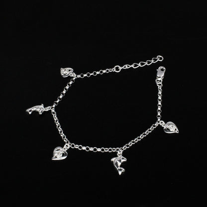 925 Sterling Silver White CZ Dolphin three heart charms Bracelet for Girls