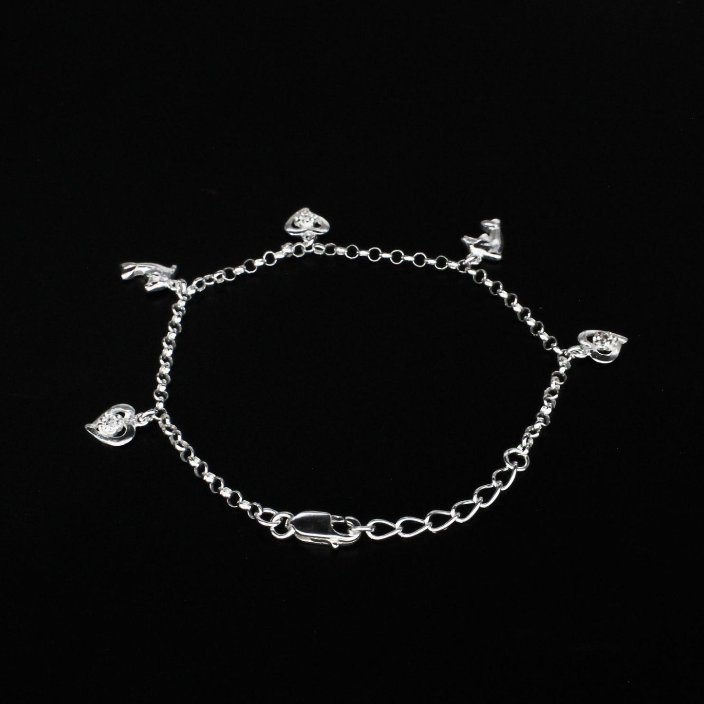 925 Sterling Silver White CZ Dolphin three heart charms Bracelet for Girls