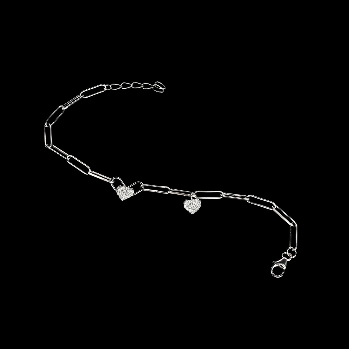 925 Sterling Silver White CZ Heart charms Paperclip chain Bracelet for Girls