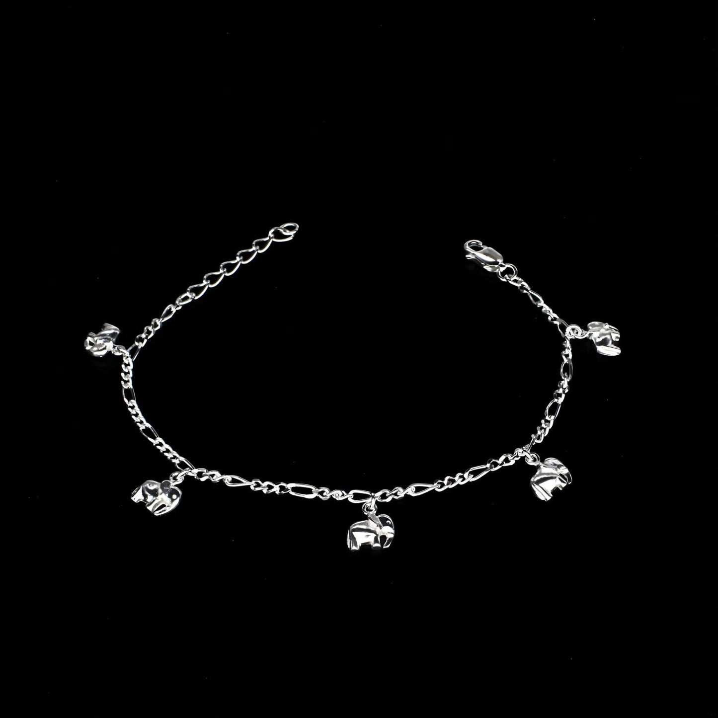 Cute 925 Sterling Silver five elephants charms figaro chain Bracelet for Girls