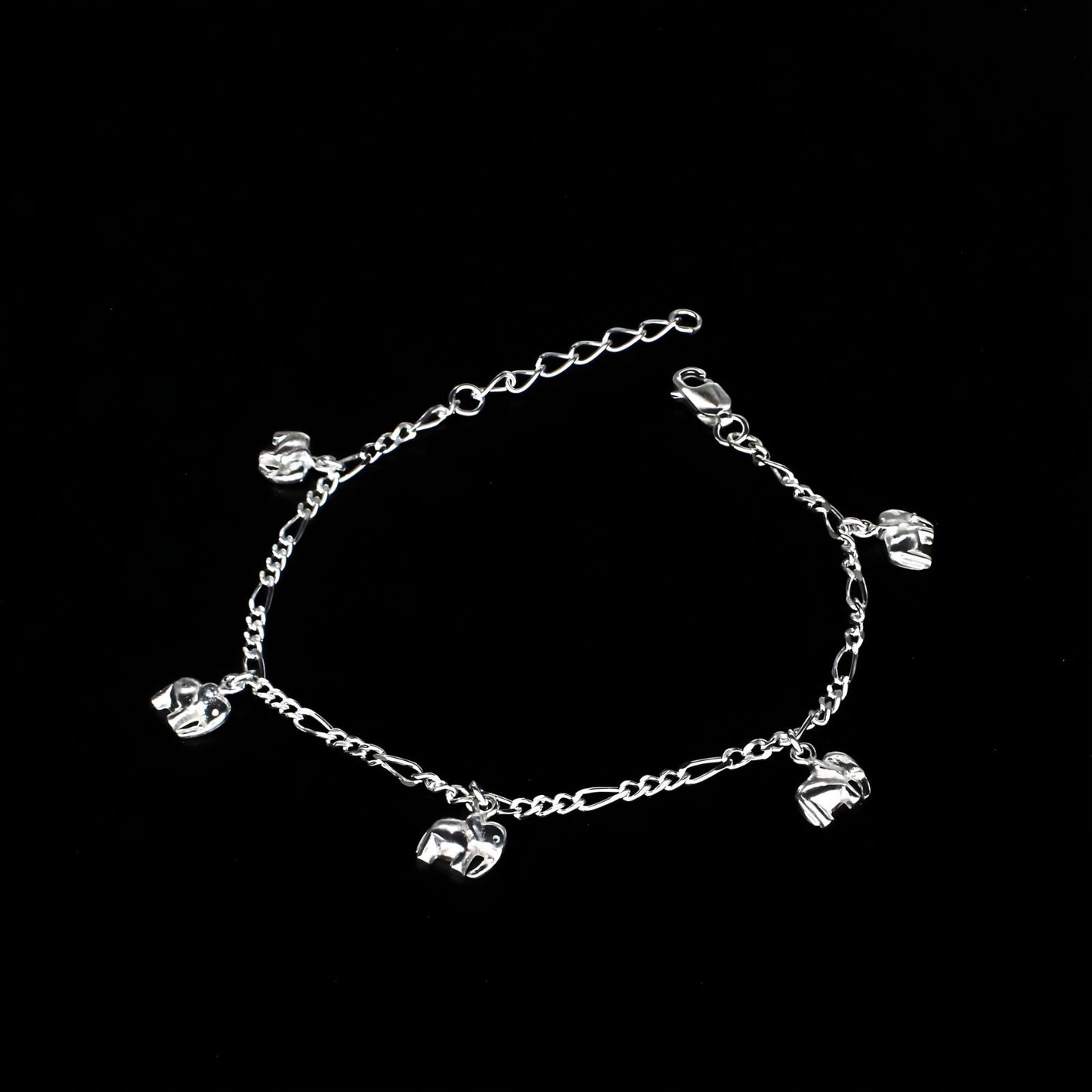 Cute 925 Sterling Silver five elephants charms figaro chain Bracelet for Girls